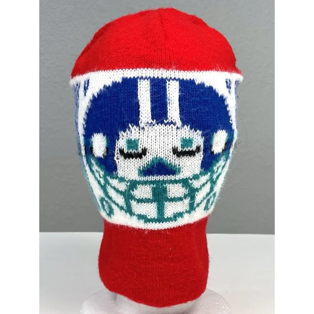VTG 80s Mens Red Knit Football Helmet Face 1 Hole SKI MASK Balaclava Winter Cap